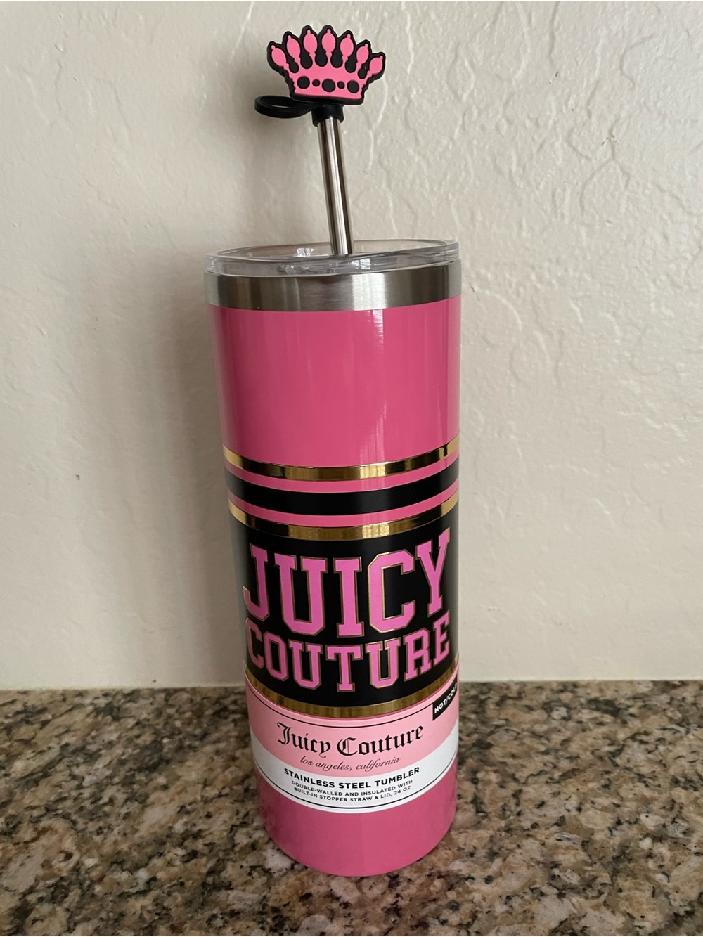 Juicy Couture  24 oz. Hot Pink & Black Stainless Steel Tumbler with Gold Accents